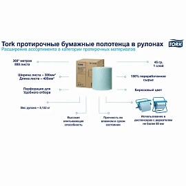 Бумага протирочная в рулоне Tellus 351400 888 листов 26.9x40.5 см бирюзовая 1-слойная