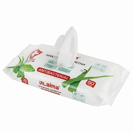 Салфетки влажные 50 шт., АНТИБАКТЕРИАЛЬНЫЕ, с экстрактом алоэ, LAIMA "Antibacterial", 125959