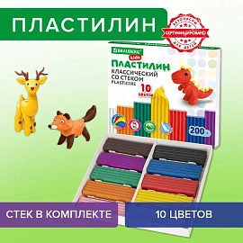 Пластилин классический BRAUBERG KIDS, 10 цветов, 200 г, со стеком, 106504