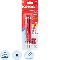 Набор чернографитных карандашей HB с ластиком Kores Jumbo заточенные утолщённые (3 штуки в упаковке + точилка)