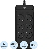 Сетевой фильтр AGNI TP-FS4U6E-C-3m-black на 6 розеток + 4 USB 3 метра чёрный