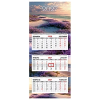 Календарь квартальный 2027 г., 3 блока, 3 гребня, бегунок, мелованная бумага, BRAUBERG EXTRA MINI, "Побережье", 118372