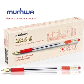 Ручка шариковая масляная с грипом MUNHWA "MC Gold", КРАСНАЯ, корпус прозрачный, узел 0,5 мм, линия письма 0,3 мм, BMC-03