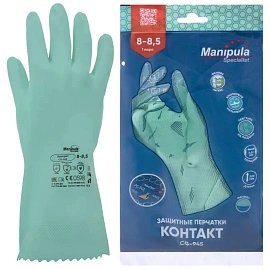 Перчатки КЩС латексные Manipula Контакт L-F-02/CG-945 с хлопковым напылением зеленые (размер 8-8.5, M)