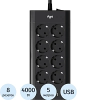 Сетевой фильтр AGNI TP-FA4U8E-C-5m-black на 8 розеток + 4 USB 5 метров чёрный