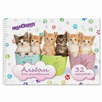 Альбом для рисования, А4, 32 листа, гребень, обложка картон, ЮНЛАНДИЯ, 205х290 мм, "Котики" (1 вид), 105077